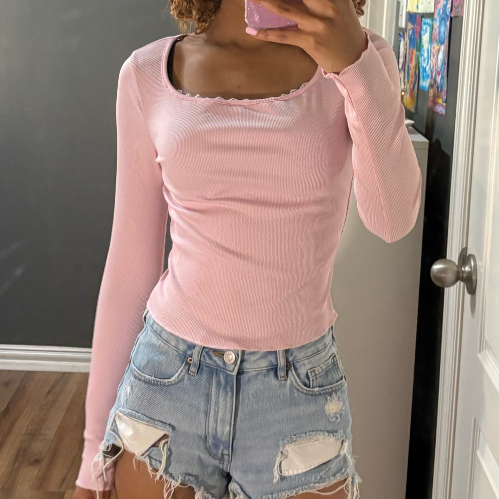 Pink Long Sleeve Women's Top with lace trim